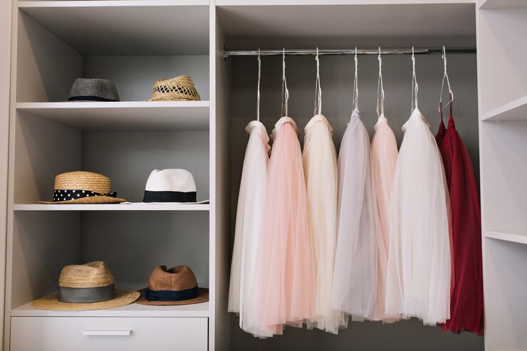 modern bright dressing room with shelves fashionable hats beautiful pink red dresses hanging wardrobe 197531 1668