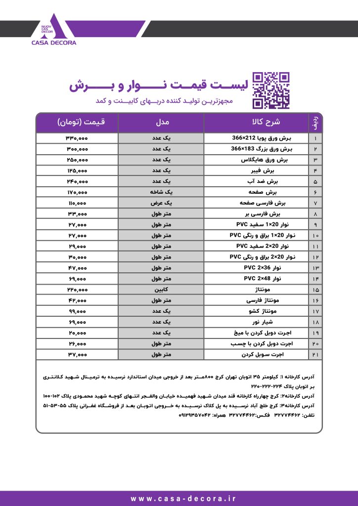 لیست قیمت نوار و برش
